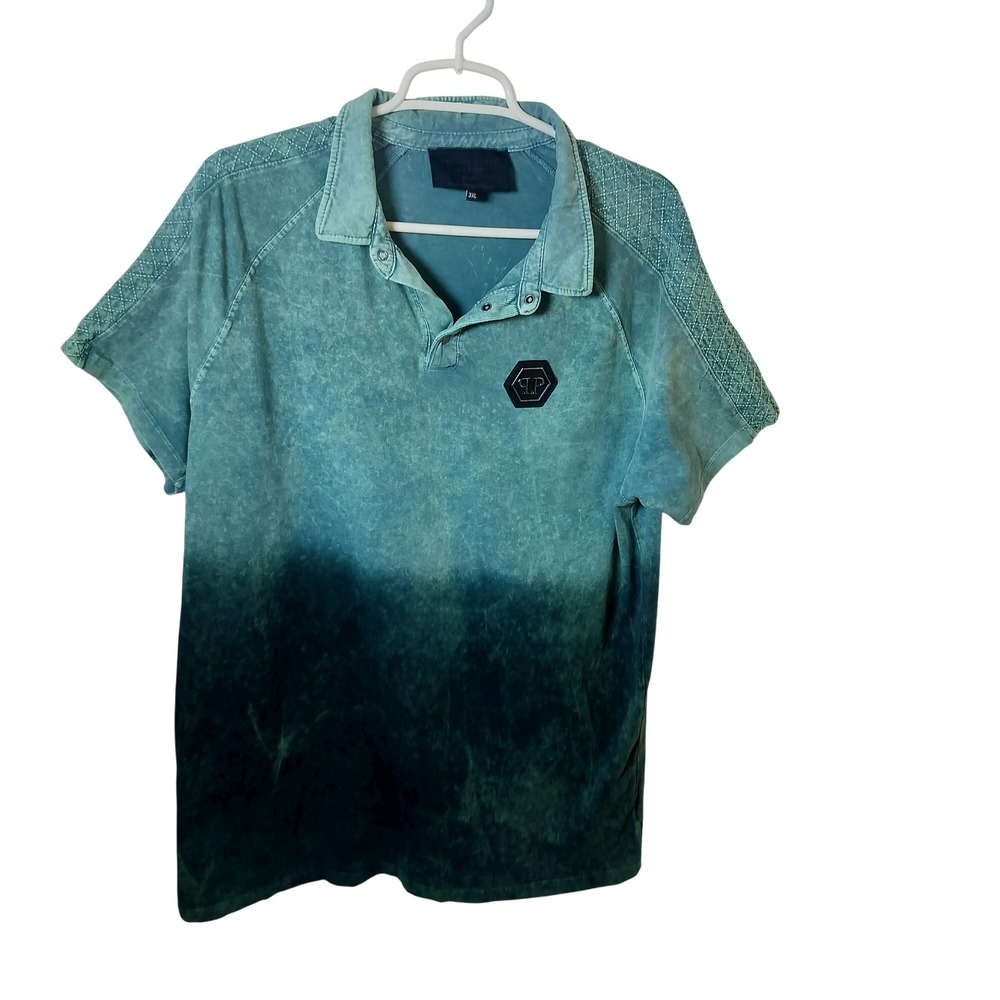 Philipp Plein Homme Mens 3XL Ombre Acid Wash Polo Shirt Teal Green Quilted Logo